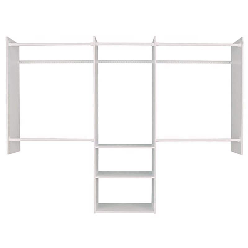 Emery Jensen DLXE closet starter kit with 96-inch wide closet system, includes shelves and hanging rods for organized storage.