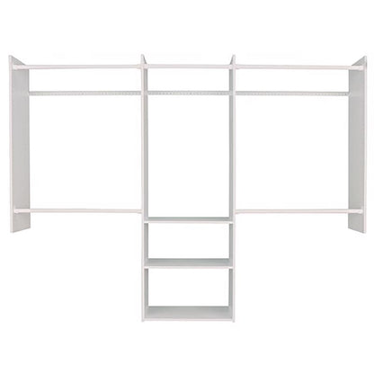 Emery Jensen DLXE closet starter kit with 96-inch wide closet system, includes shelves and hanging rods for organized storage.
