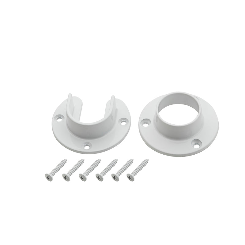 Set of six white closet flange fittings for closet rods by Emery Jensen, designed for secure and durable installation.