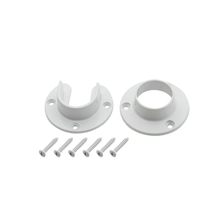 Set of six white closet flange fittings for closet rods by Emery Jensen, designed for secure and durable installation.
