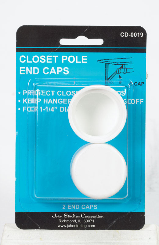 White closet rod end caps from Emery Jensen for closet rods, designed to fit securely and improve storage organization.