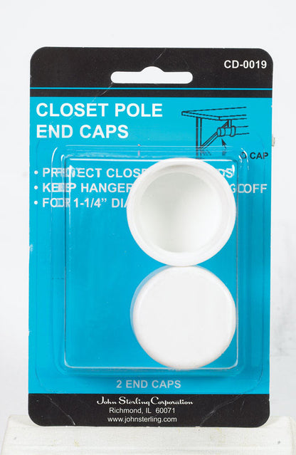 White closet rod end caps from Emery Jensen for closet rods, designed to fit securely and improve storage organization.