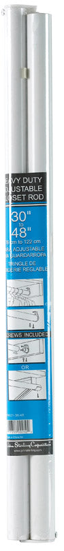 Adjustable white closet rod by Emery Jensen, extending from 30 to 48 inches, mounted in a closet for hanging clothes.