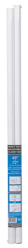 Adjustable white closet rod by Emery Jensen, extends from 48 to 72 inches, ideal for organizing closet space.