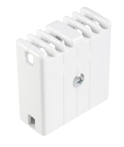 White plate joiner for closet shelving, Emery Jensen closet shelving access hardware, used to connect and secure shelves.