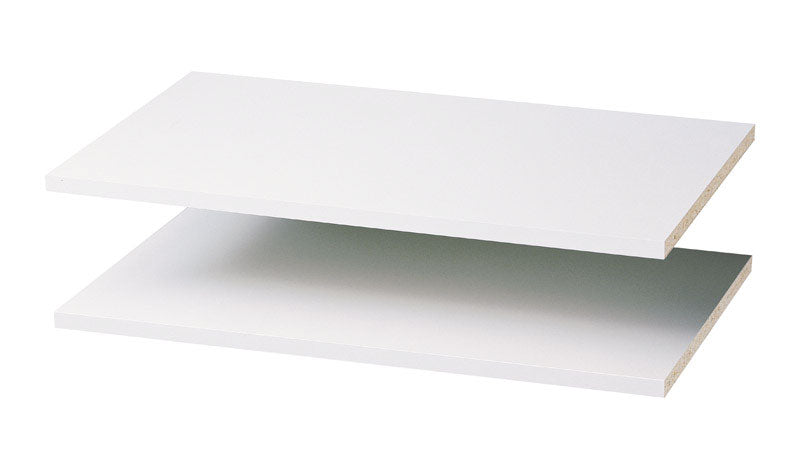 Emery Jensen Easy Track closet shelving system with 24-inch white shelves and adjustable brackets for organized storage