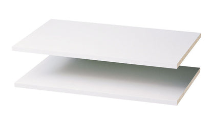 Emery Jensen Easy Track closet shelving system with 24-inch white shelves and adjustable brackets for organized storage