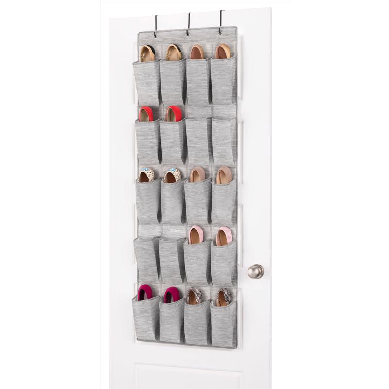 Emery Jensen fabric gray hanging shoe organizer with multiple pockets for closet storage and shoe organization.