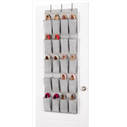 Emery Jensen fabric gray hanging shoe organizer with multiple pockets for closet storage and shoe organization.