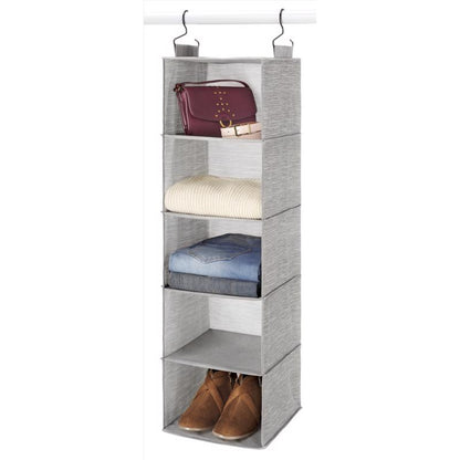 Emery Jensen closet storage unit in orange, brown, and gray with multiple compartments for organization.