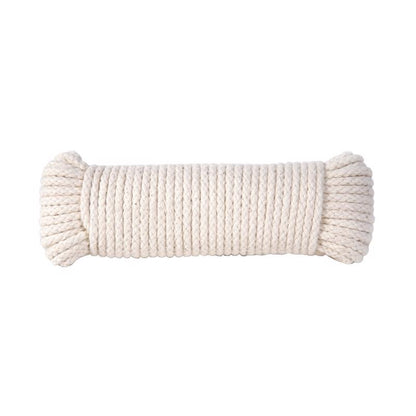 Emery Jensen clothesline rope, 200-foot durable cotton line for outdoor drying, shown hanging with clothespins.