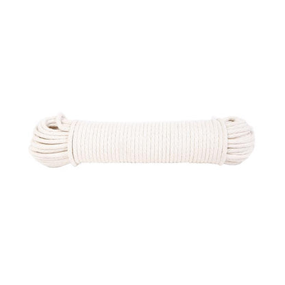 Emery Jensen clothes line rope, 100-foot length, outdoor clothes drying line with sturdy white rope and metal hooks for hanging laundry.