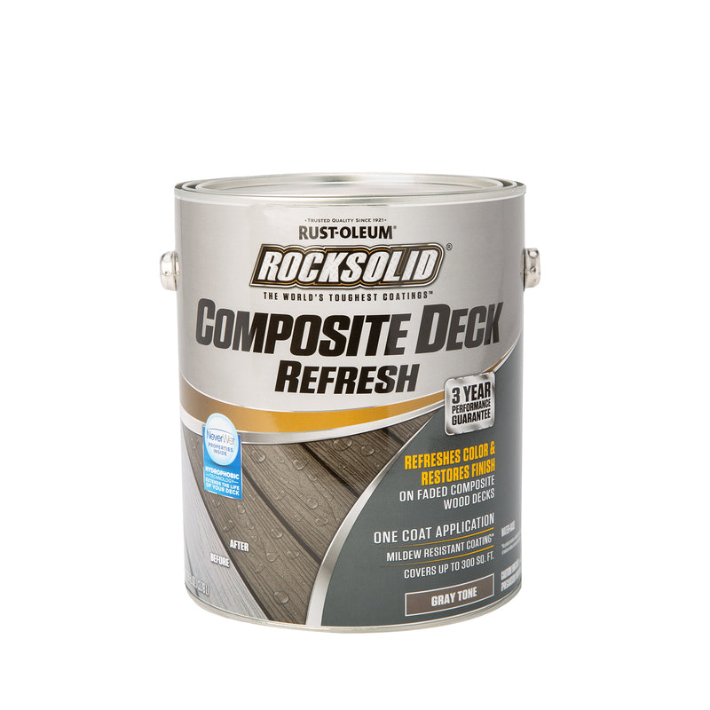 Two gallons of Emery Jensen Deck Refresh Gray TN coating in 1-gallon containers, ready for outdoor deck restoration.