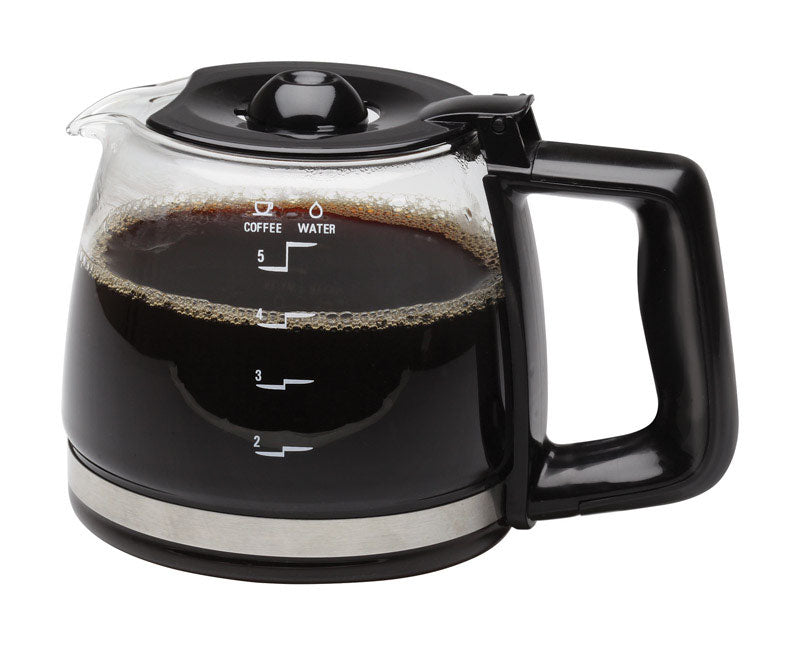 Emery Jensen 5-cup replace coffee carafe for coffee maker, clear glass with black plastic lid, suitable for coffee brewing appliances.