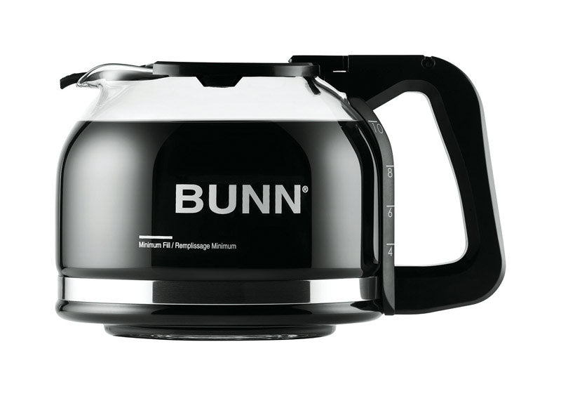 Black Bunn Carafe 10C coffee maker part by Emery Jensen, with a clear glass body and black plastic lid for brewing coffee.