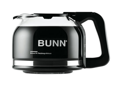 Black Bunn Carafe 10C coffee maker part by Emery Jensen, with a clear glass body and black plastic lid for brewing coffee.