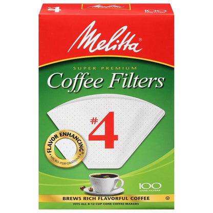 White Emery Jensen Coffee Filter #4 for coffee maker, 100-count, durable paper filter for brewing fresh coffee.
