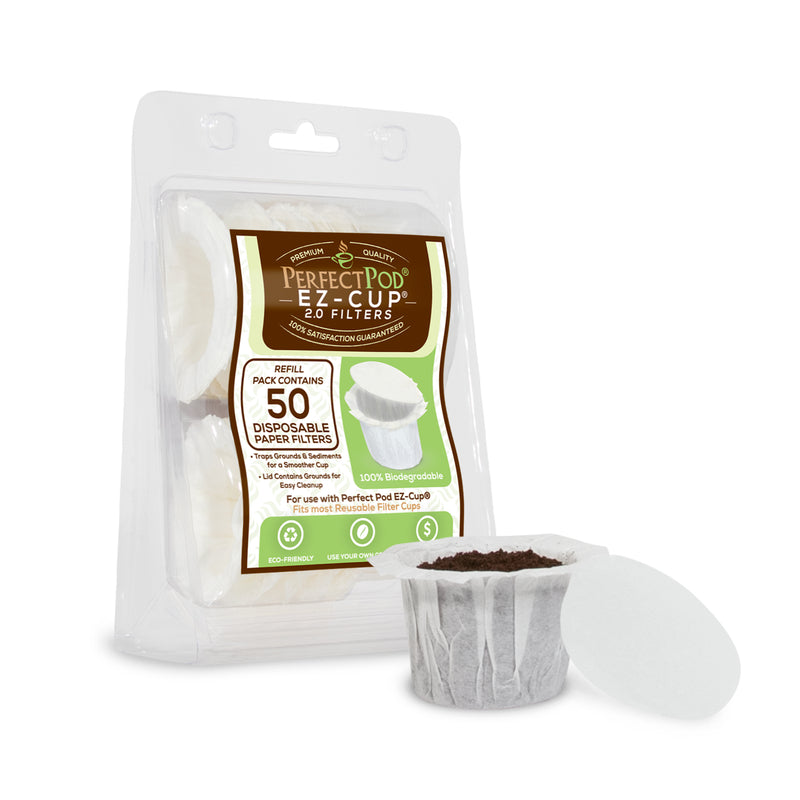 Pack of 50 white coffee maker filters by Emery Jensen, compatible with various coffee machines, shown in the image.