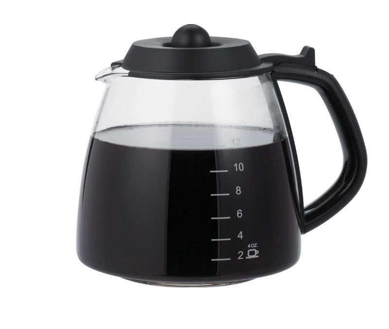 Emery Jensen replacement carafe for Medelco 12-cup coffee maker, clear glass with black handle, designed for coffee brewing.