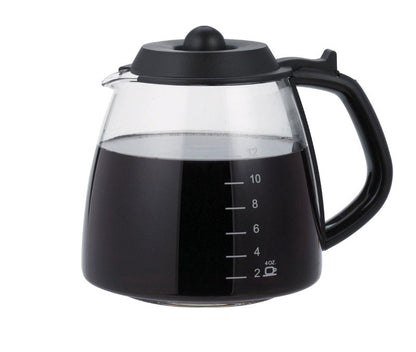 Emery Jensen replacement carafe for Medelco 12-cup coffee maker, clear glass with black handle, designed for coffee brewing.