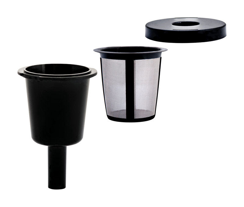Universal K-cup filter for coffee maker, compatible with Emery Jensen coffee machines, in black plastic.