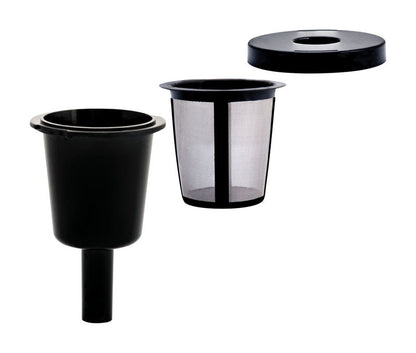 Universal K-cup filter for coffee maker, compatible with Emery Jensen coffee machines, in black plastic.