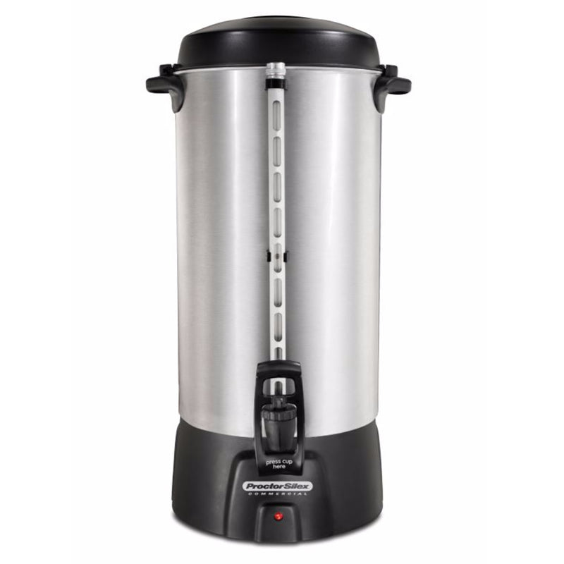 Emery Jensen 100-cup silver coffee urn with polished metal finish and sturdy handles for serving large groups efficiently.