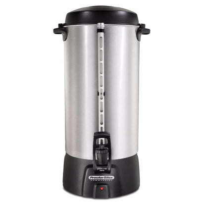 Emery Jensen 100-cup silver coffee urn with polished metal finish and sturdy handles for serving large groups efficiently.