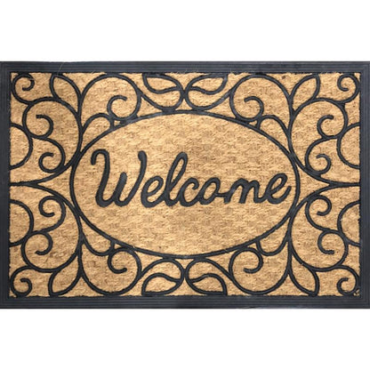Black and brown coir door mat by Emery Jensen, 24x36 inches, with a textured surface for outdoor use.