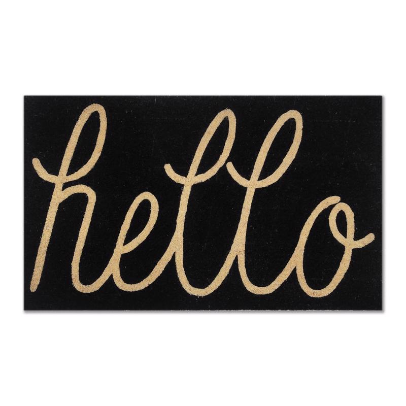 Emery Jensen coir door mat with "Hello" in black lettering, ideal for outdoor entryways, featuring durable natural fiber material.