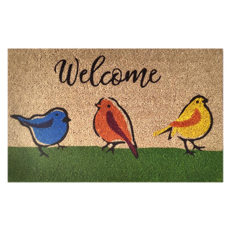 Emery Jensen coir door mat with colorful bird design, welcoming entryway decor, and durable natural fiber for outdoor use.