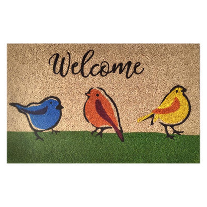 Emery Jensen coir door mat with colorful bird design, welcoming entryway decor, and durable natural fiber for outdoor use.