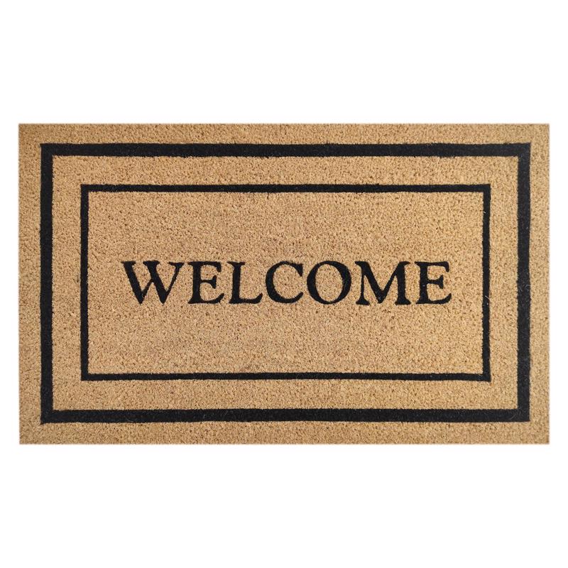 Emery Jensen coir door mat with "Welcome" message, durable natural fiber for outdoor entryway use.