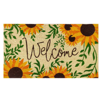 Emery Jensen coir door mat with sunflower design, welcoming message, ideal for outdoor entryways, durable natural fiber material.