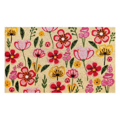 Emery Jensen coir door mat with floral design, 18x30 inches, durable natural fiber entrance mat for outdoor use.