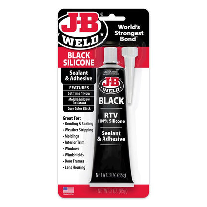 Black RTV silicone sealant by Emery Jensen in 3 oz tube, cold weld bonding compound for sealing and repair applications.