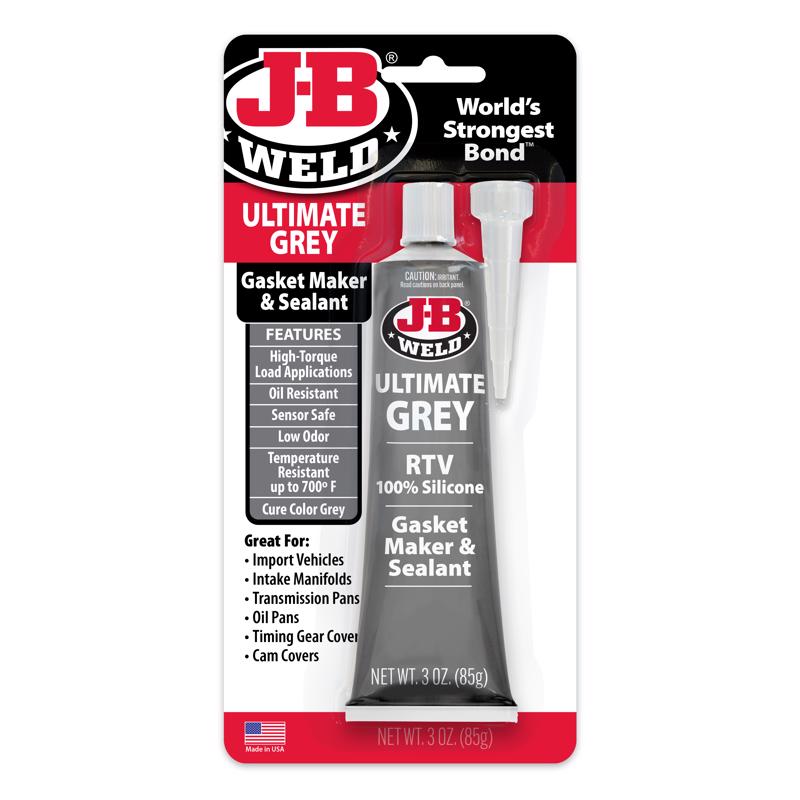 Gray silicone sealant in 3oz tube for cold weld bonding, by Emery Jensen, ideal for sealing and repairs.