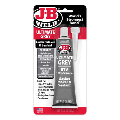 Gray silicone sealant in 3oz tube for cold weld bonding, by Emery Jensen, ideal for sealing and repairs.