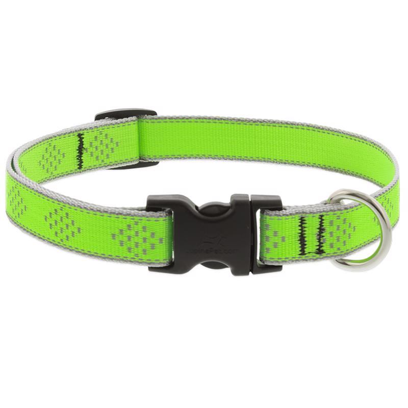 Green adjustable collar for dogs from Emery Jensen, 9-14 inches, made of durable material for comfortable fit.