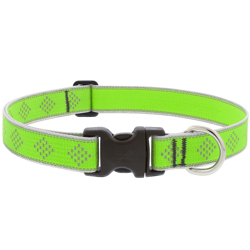 Green adjustable dog collar by Emery Jensen with a 20-inch diameter, made of durable material for pet safety.
