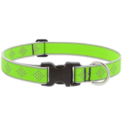 Green adjustable collar by Emery Jensen, 28-inch diameter, suitable for pets, featuring durable material and secure buckle.