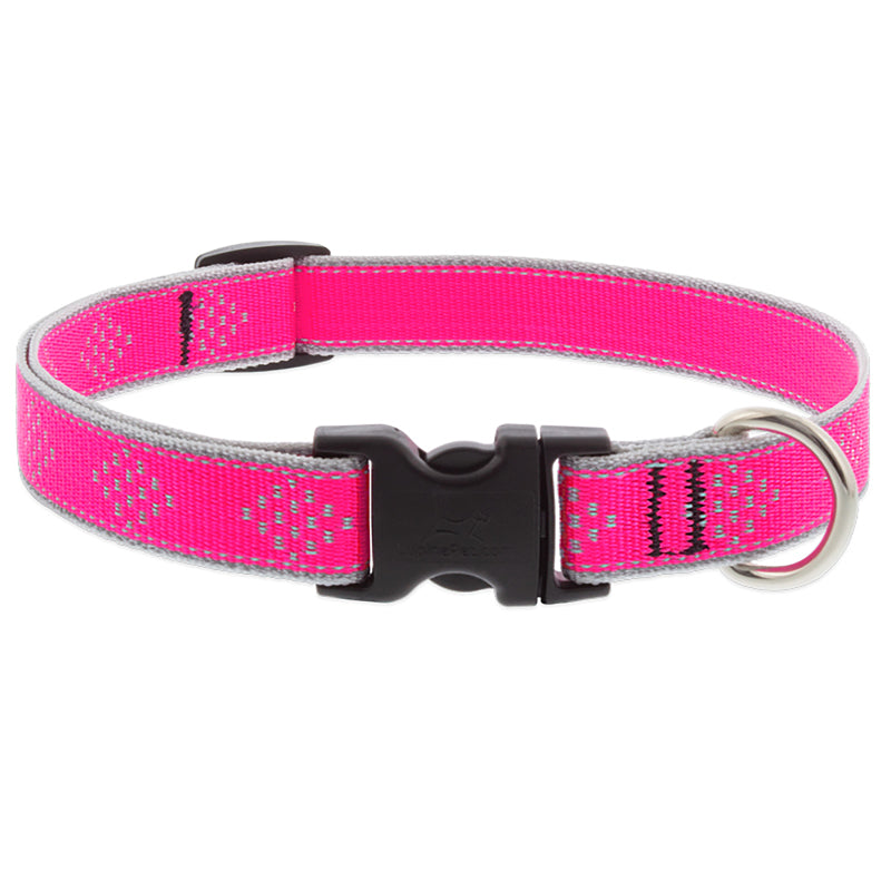Pink diamond-adorned adjustable dog collar by Emery Jensen, 14-inch size with matching leash for pet accessories.