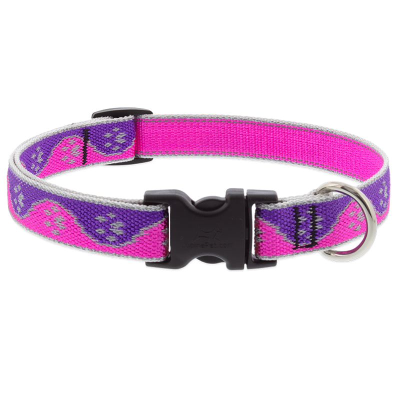 Emery Jensen pink Paws 14-inch adjustable dog collar with a paw print design, made of durable material.