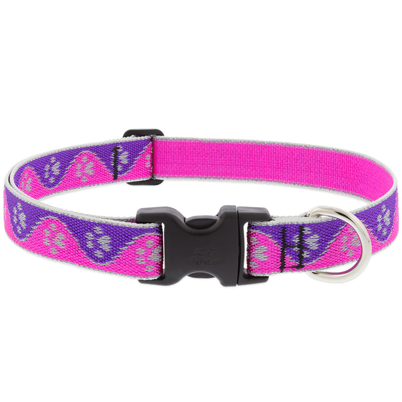 Pink Paws 28-inch adjustable dog collar by Emery Jensen, featuring a colorful paw print design on durable material.