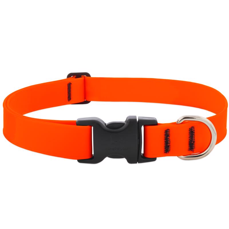 Adjustable orange dog collar from Emery Jensen, 28-inch collar with durable design and secure buckle for pet comfort and safety.