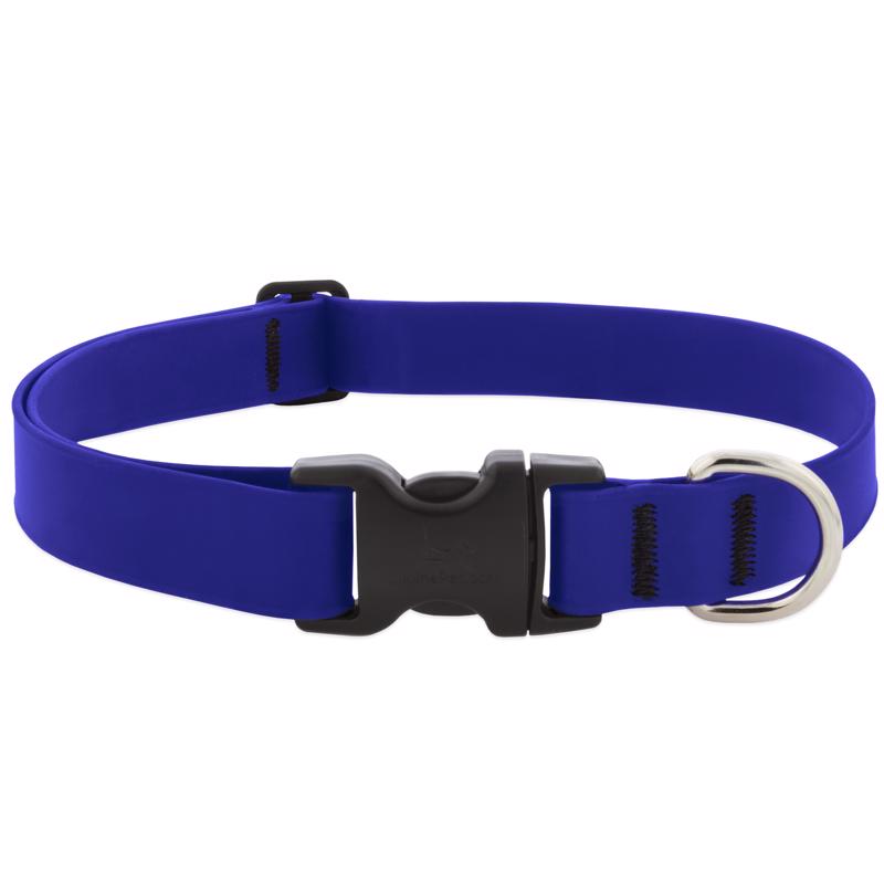 Adjustable blue collar for dogs by Emery Jensen, 16x28 inches, made of durable material for comfortable pet wear.