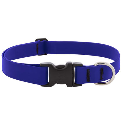 Adjustable blue collar for dogs by Emery Jensen, 16x28 inches, made of durable material for comfortable pet wear.