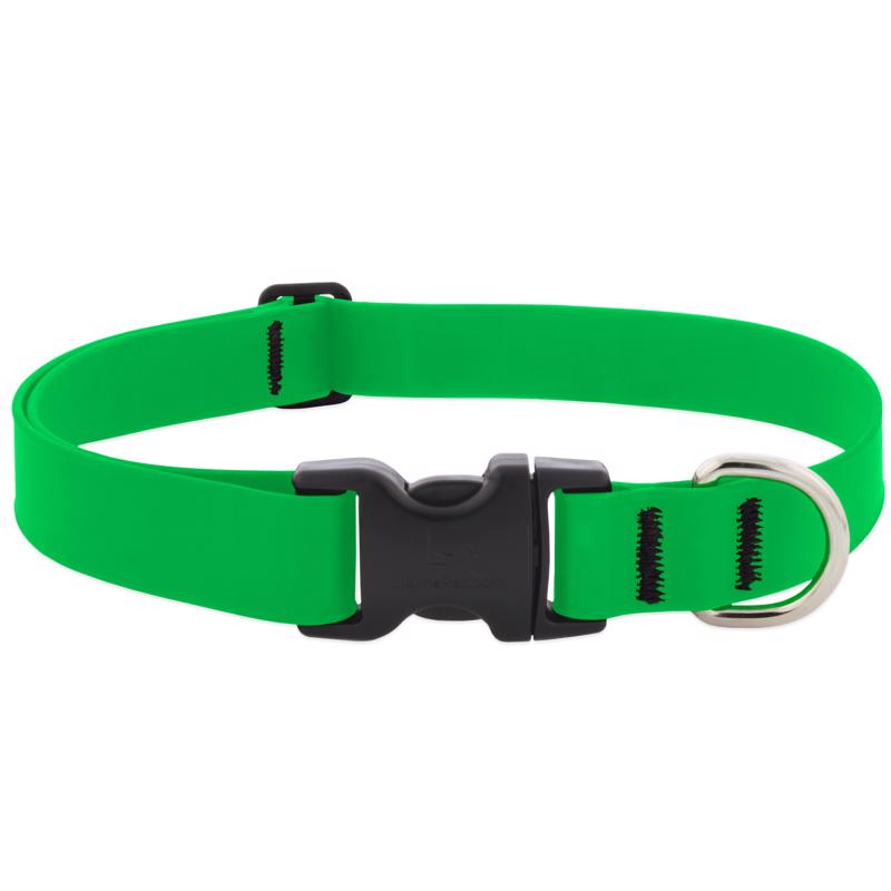 Adjustable green collar for pets, 16x28 inches, made by Emery Jensen, with a secure buckle and soft material for comfort.