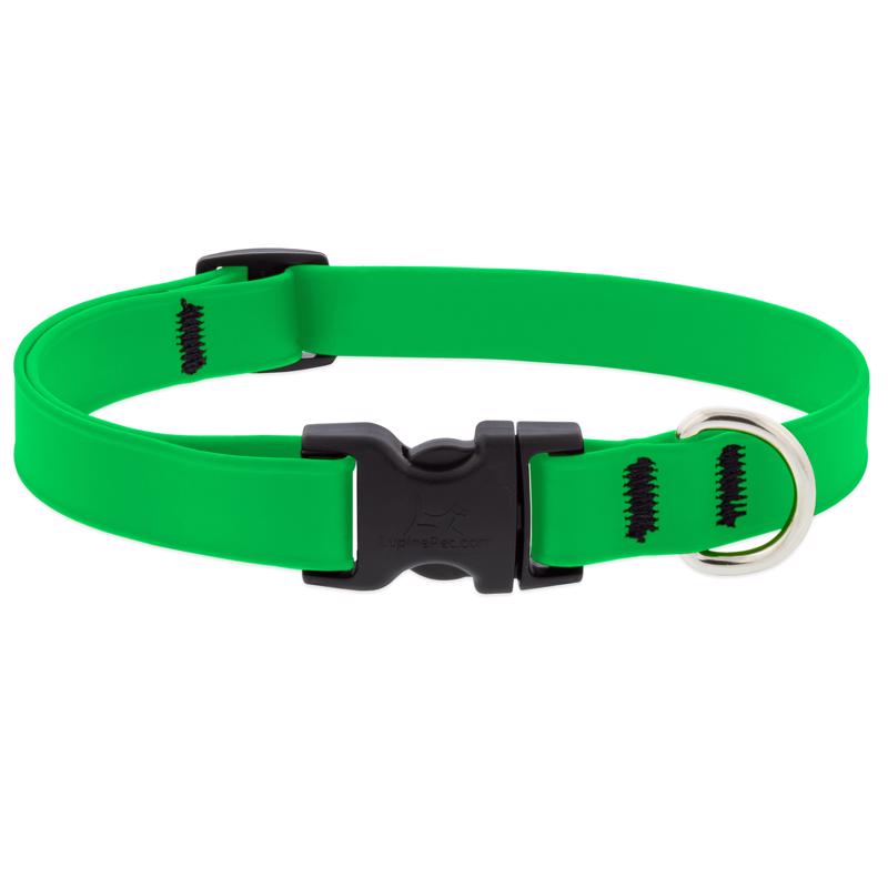 Adjustable medium green collar from Emery Jensen, made of durable material, with a secure buckle and metal D-ring for leash attachment.