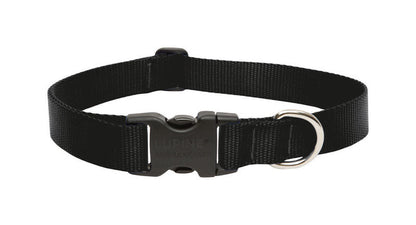 Black adjustable dog collar from Emery Jensen, fits 12-20 inches, made of durable material, suitable for everyday use.